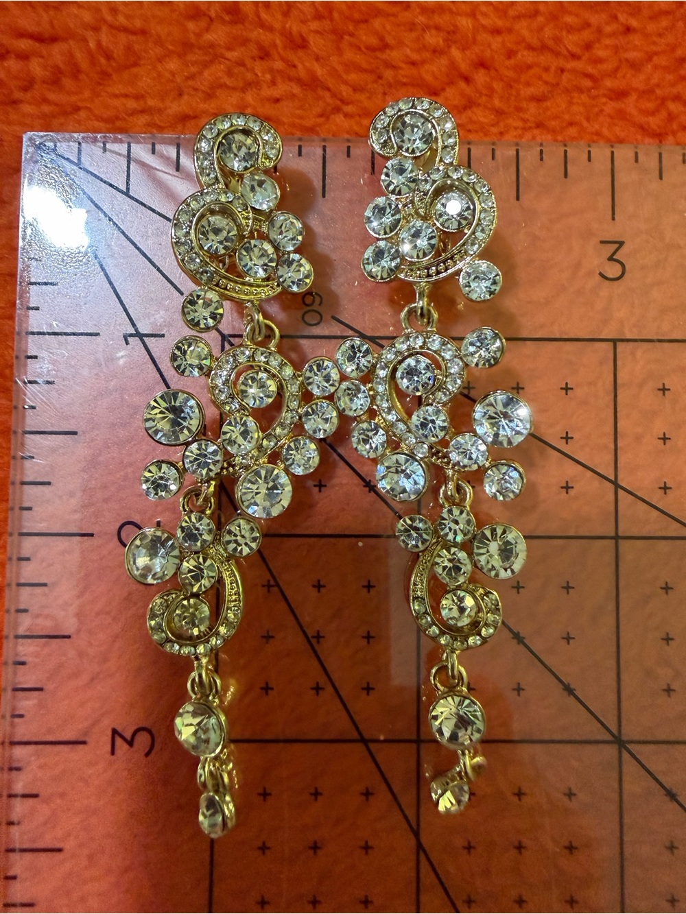 Vintage Clear Rhinestone Chandelier Clip On Earrings Gold Tone Dangle 3”